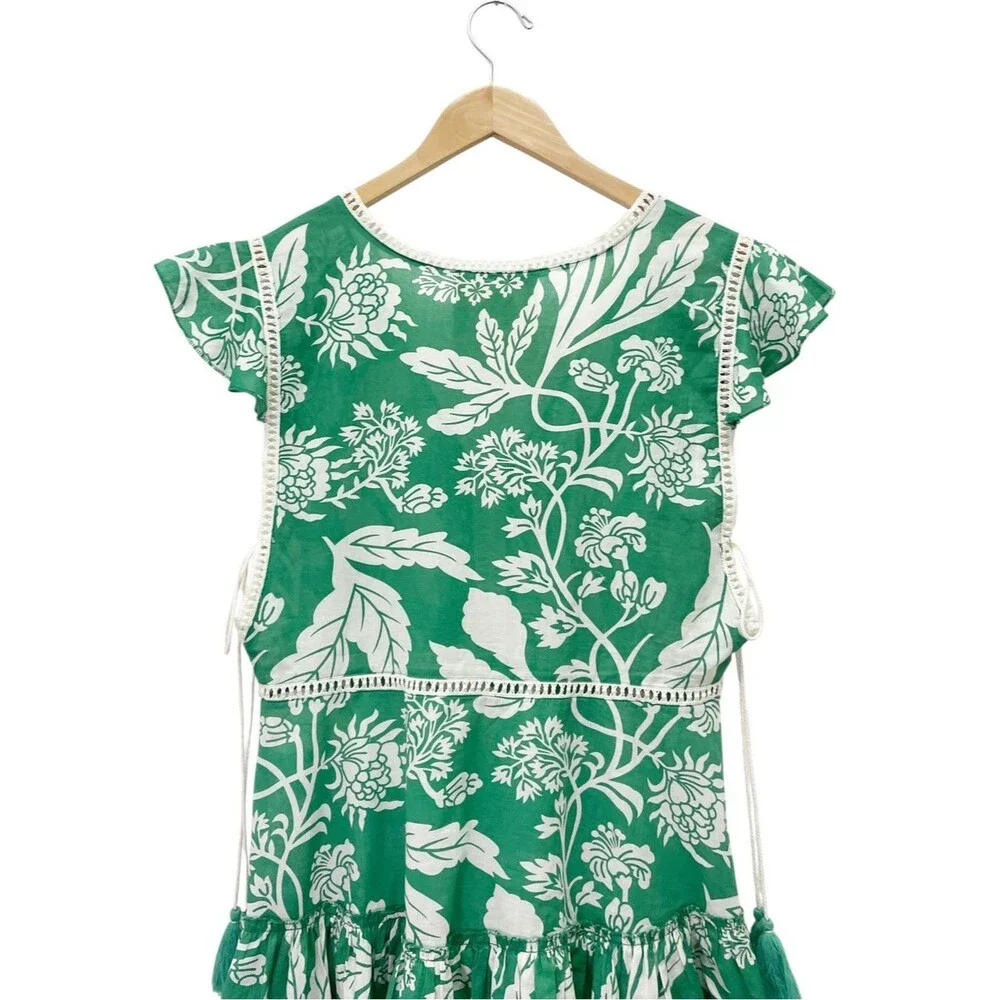 Z&L Europe Green White Floral Print Boho Mini Dress Tassel Tie Cotton Sz Medium
